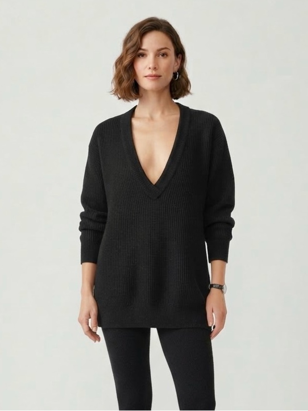 Vintage Lambswool Angora Ribbed Knit Sweater Deep V Oversized Cozy Minimalist